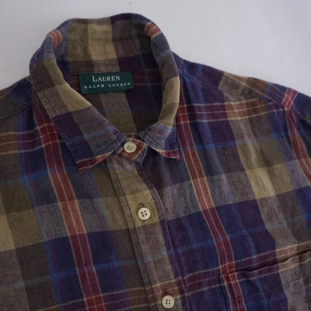 Lauren Ralph Lauren Purple Maroon Plaid Linen Blend Button Up Shirt M - Picture 11 of 12